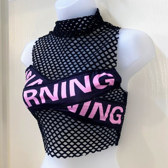 New XS Mesh Pink Warning Caution Tape Crop Top Punk Grunge Retro Neon Black - Picture 2 of 2